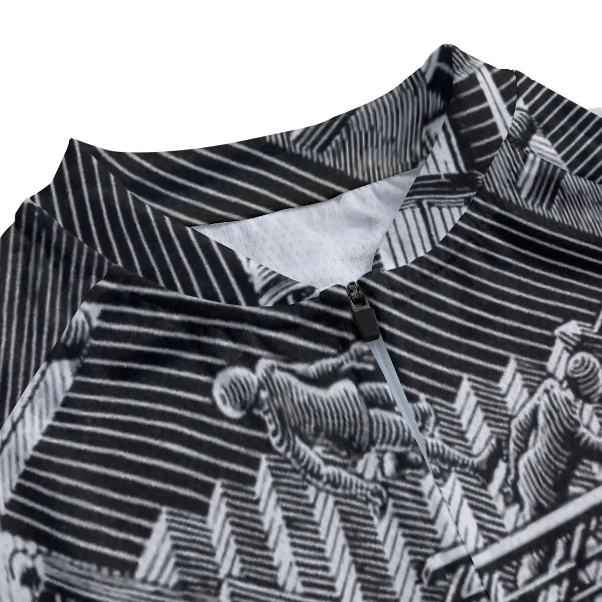 Close-up of secure non-slip rubber hem on optical illusion cycling jersey maintaining position during dimensional ride
