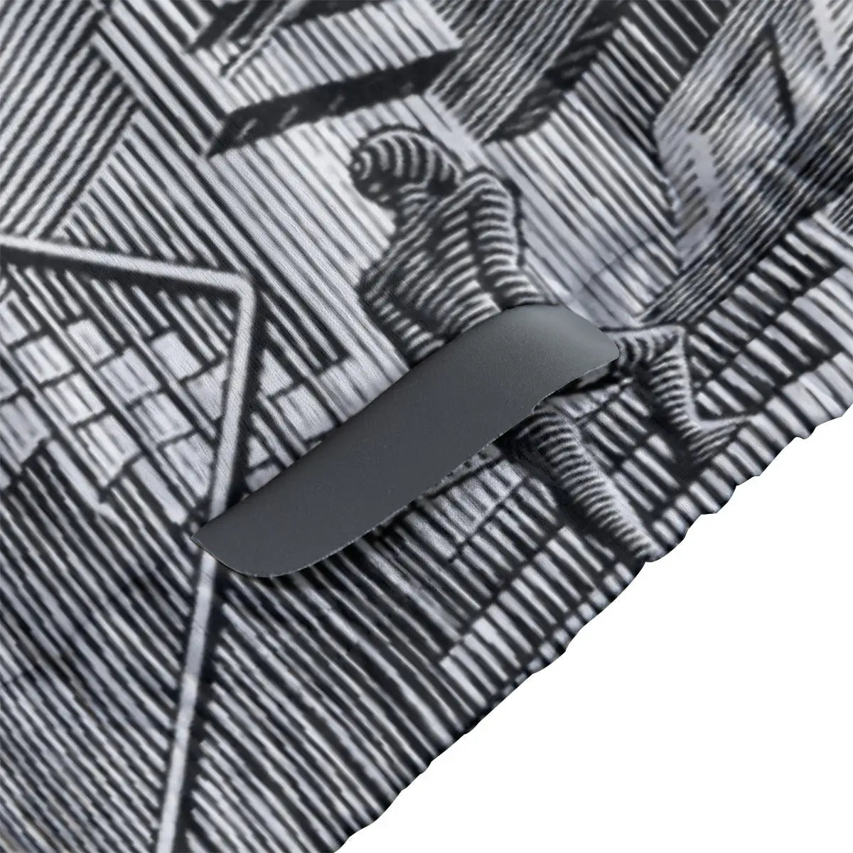 Detailed view of Escher's impossible staircases and multiple gravity planes reproduced on women's cycling jersey