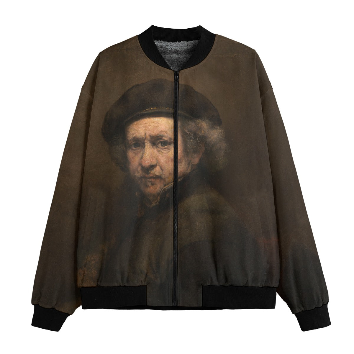 Rembrandt Self-Portrait from 1659 Bomber Jacket displayed on model against artistic background