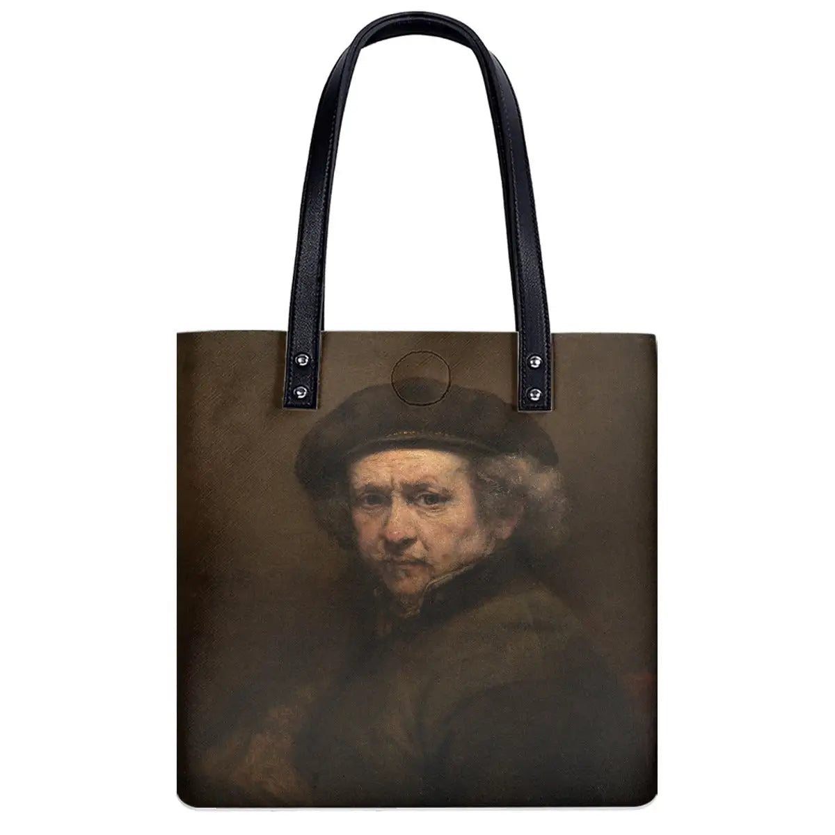 Back view of double-sided Rembrandt Self-Portrait bag with black shoulder strap