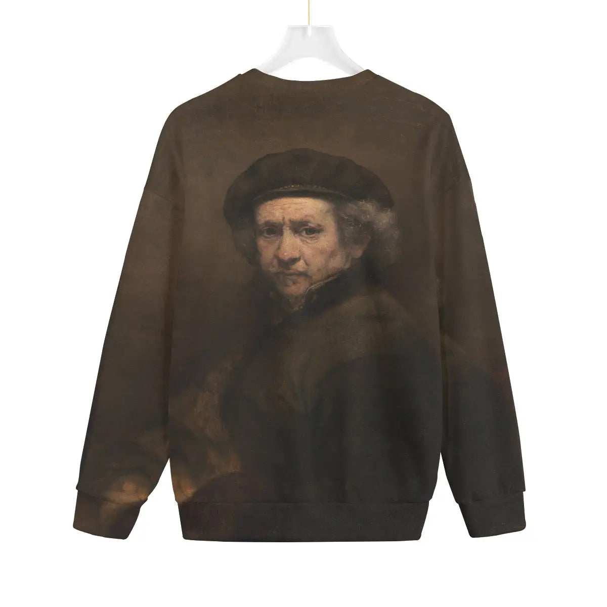 Back view of artistic sweater featuring Rembrandt's 1659 self-portrait