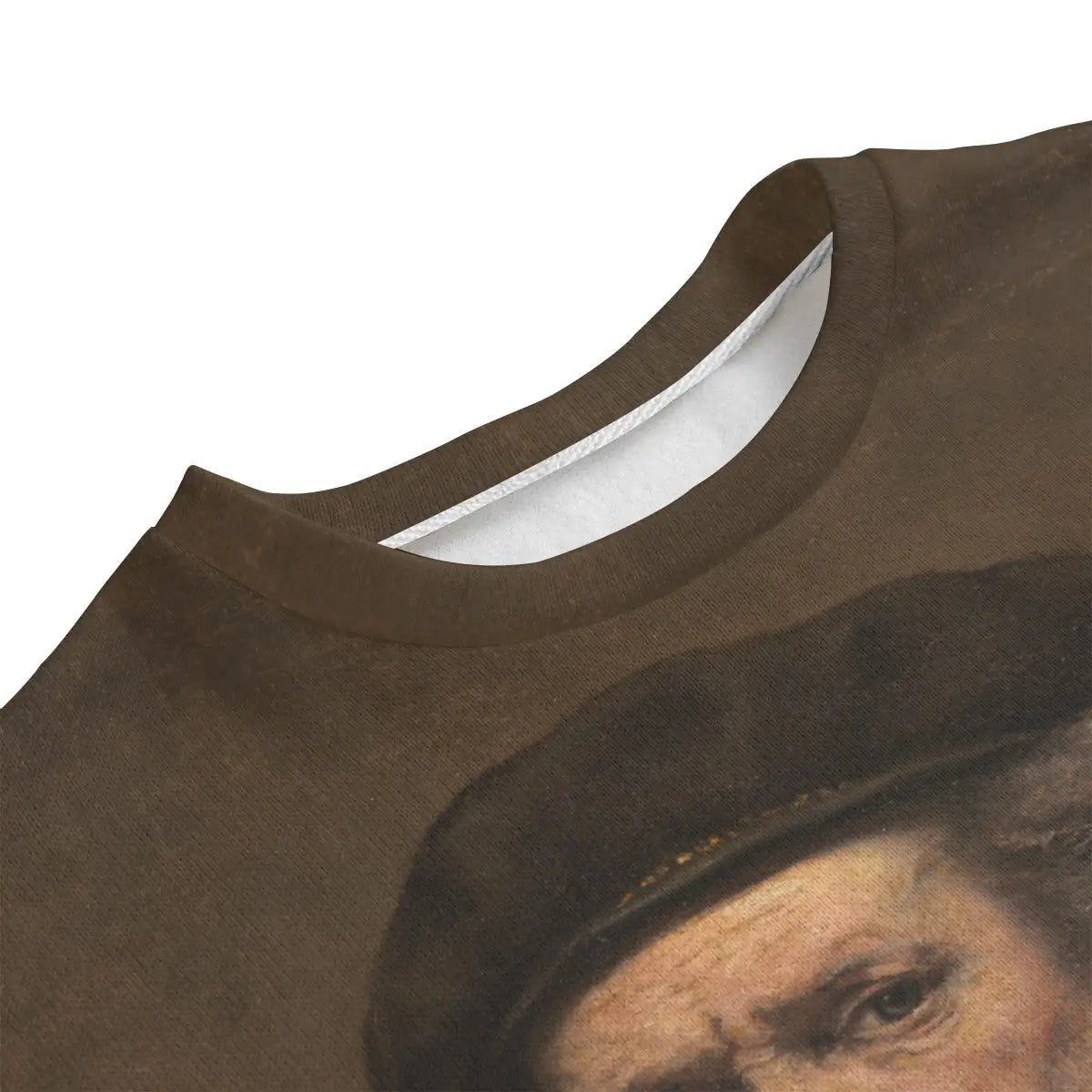 Close-up of Rembrandt's facial details and brushwork printed on premium Hacci Fleece sweater