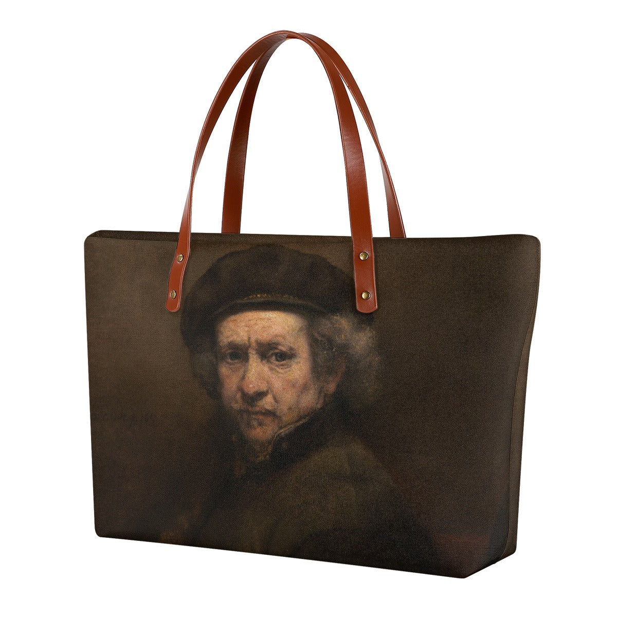 Rembrandt Self-Portrait Tote Bag from 1659 showing waterproof diving cloth material and brown straps