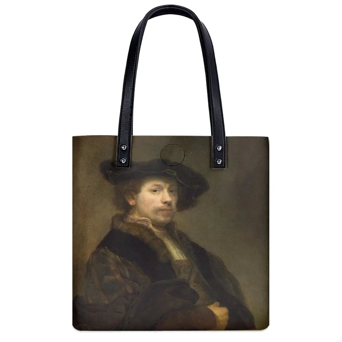 Double-sided printed art bag showing Rembrandt self-portrait with black adjustable strap