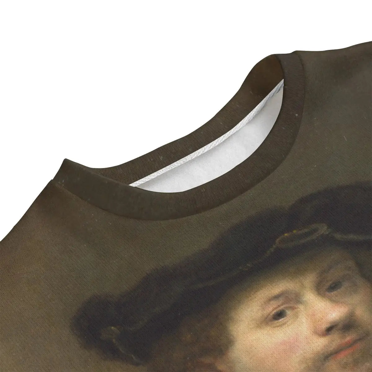 Close-up of Rembrandt's self-portrait print detail on artistic sweater showing brushwork texture