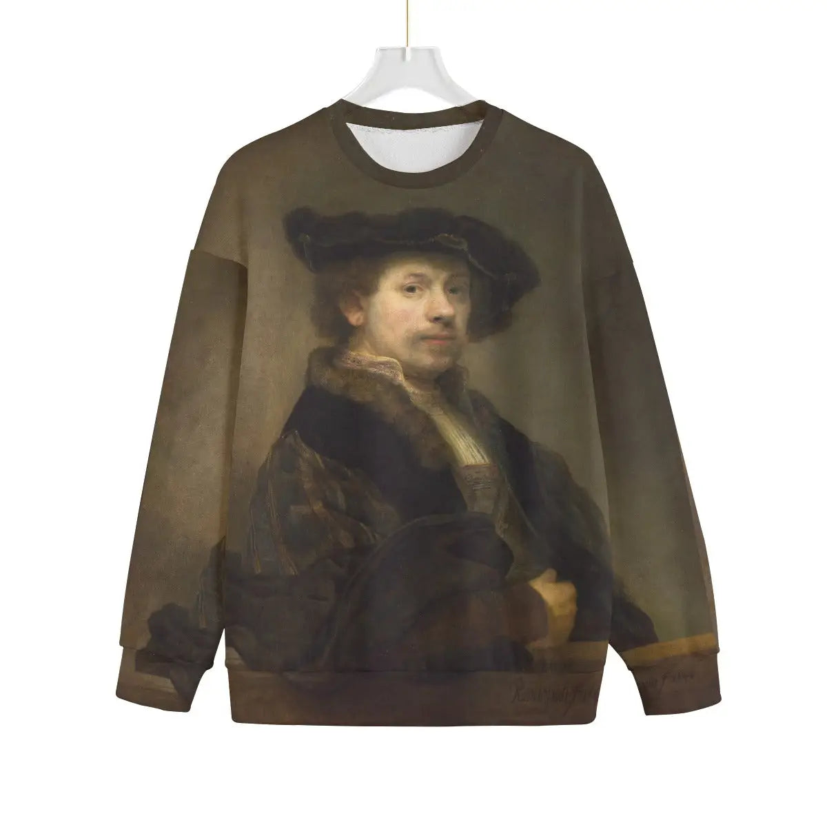 Rembrandt Self-Portrait Sweater featuring 1659 masterpiece on Hacci Fleece, front view