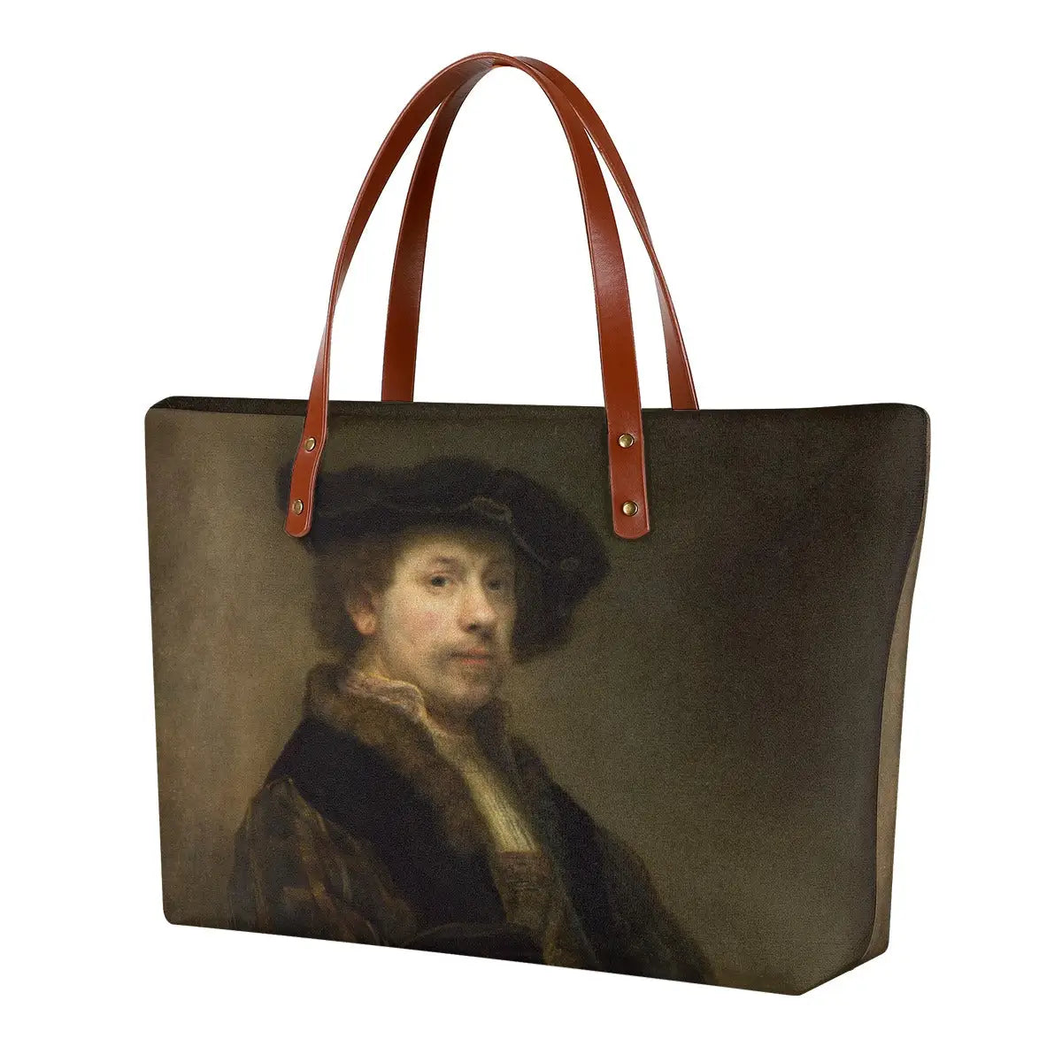 Rembrandt Self-Portrait Tote Bag with brown straps and black zipper showing famous 1640 artwork