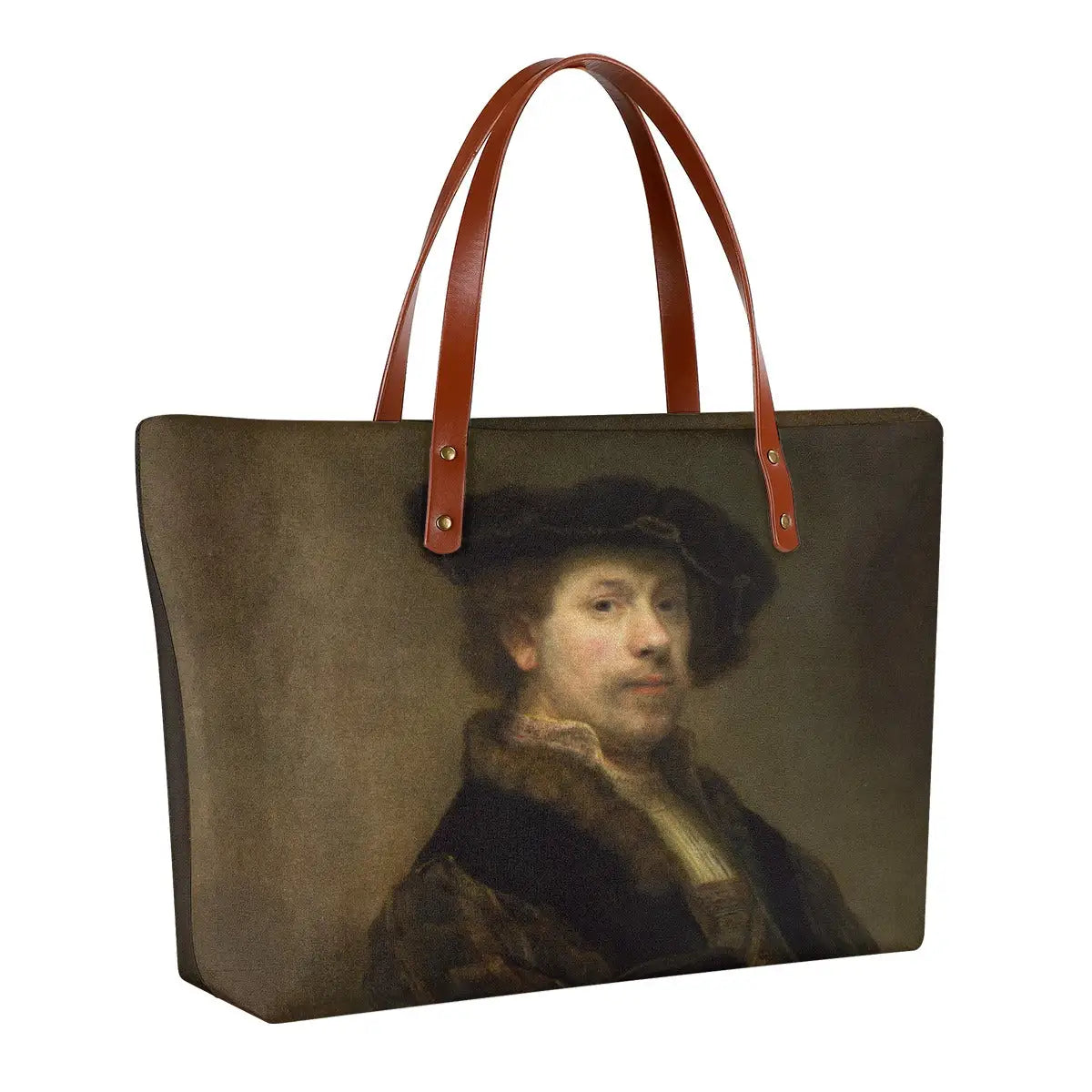 Back side of artistic tote bag displaying Rembrandt self-portrait print with visible brown straps