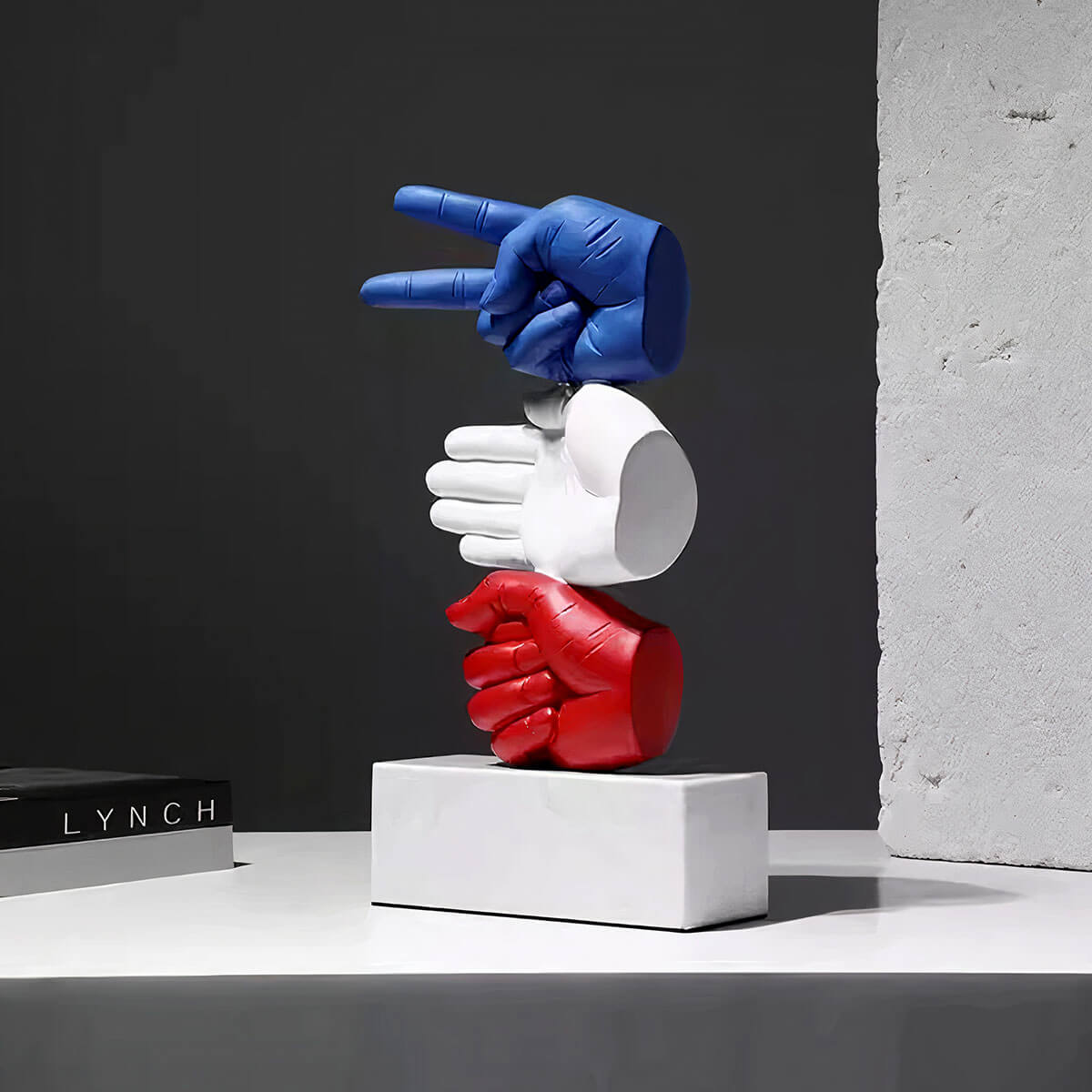 Modern Rock Paper Scissors art piece in blue, symbolizing chance and strategy