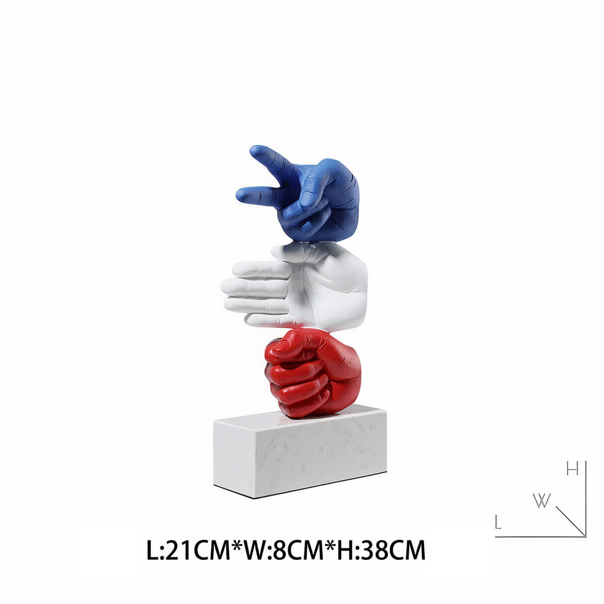 Colorful desk sculpture representing Rock Paper Scissors game moves