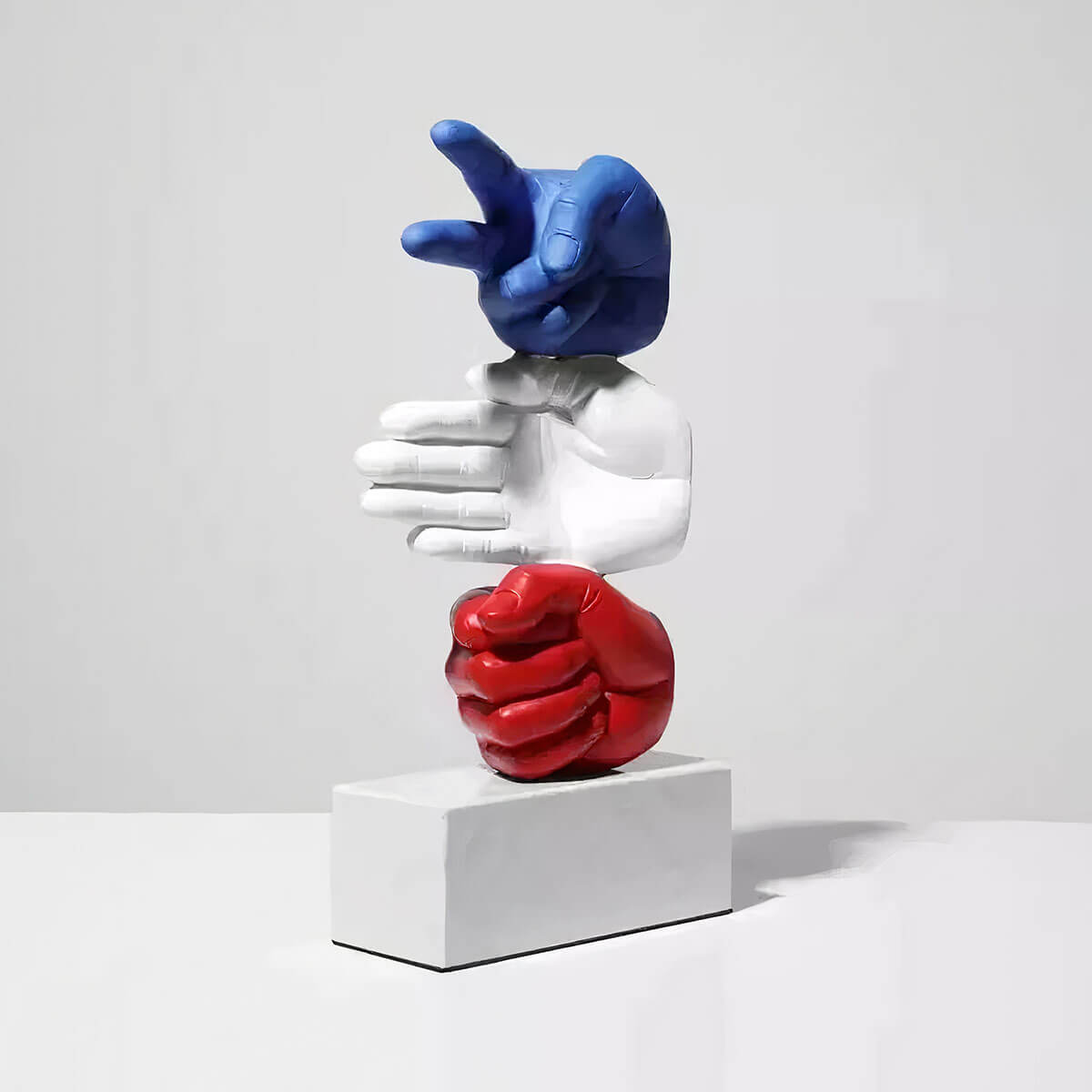 Blue Rock Paper Scissors Hands Sculpture showcasing three iconic game gestures