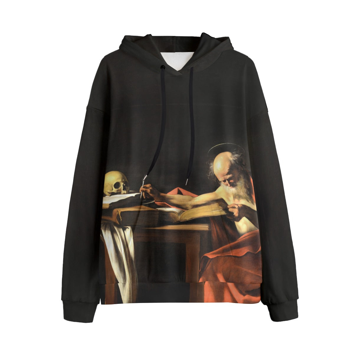 Saint Jerome Writing by Caravaggio Hoodie front view on model