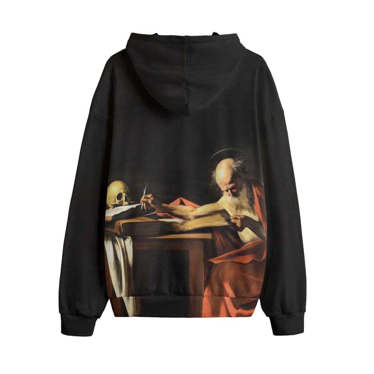 Back view of Caravaggio art hoodie showing full Saint Jerome Writing painting