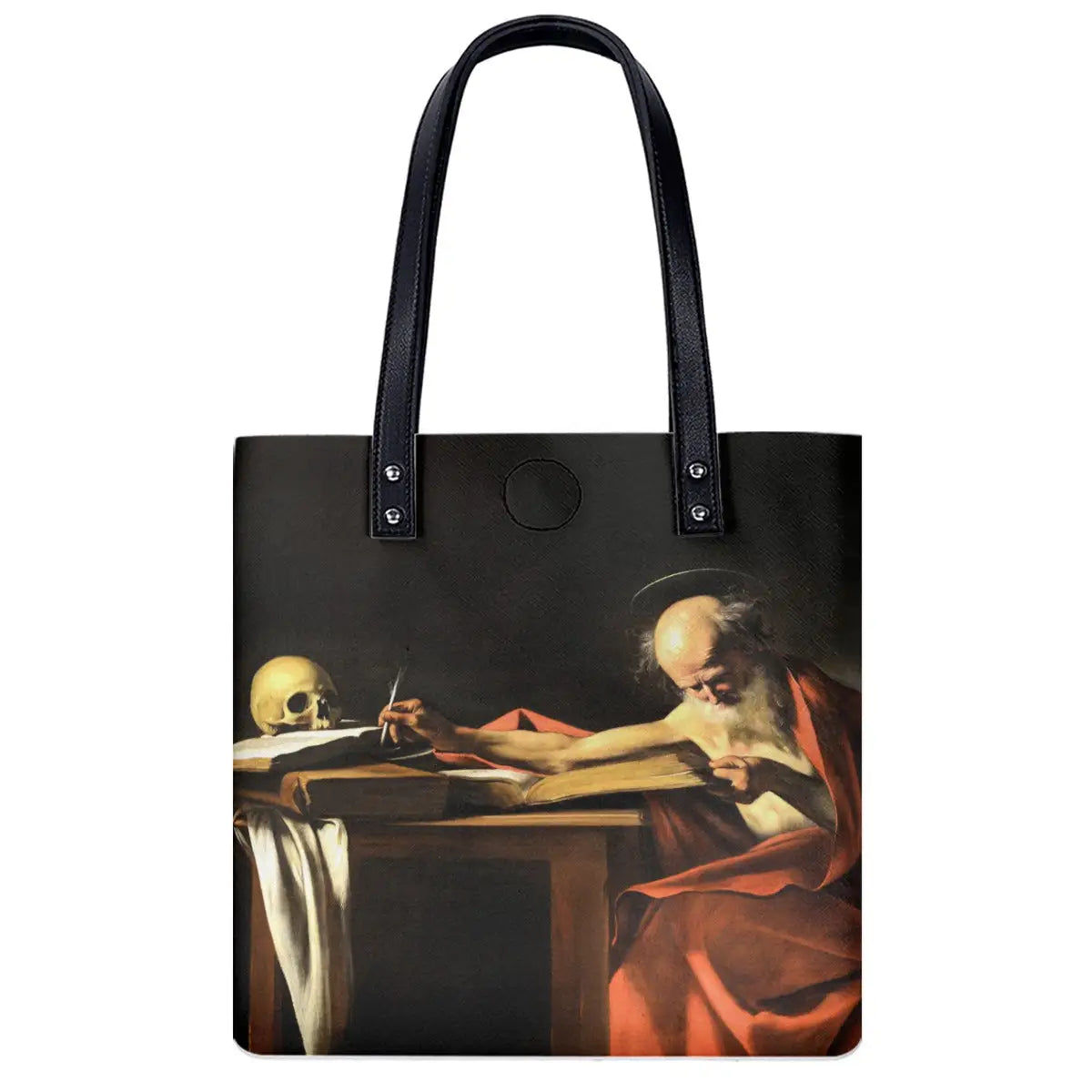 Saint Jerome Writing by Caravaggio shoulder bag in black, featuring the Renaissance masterpiece on waterproof material