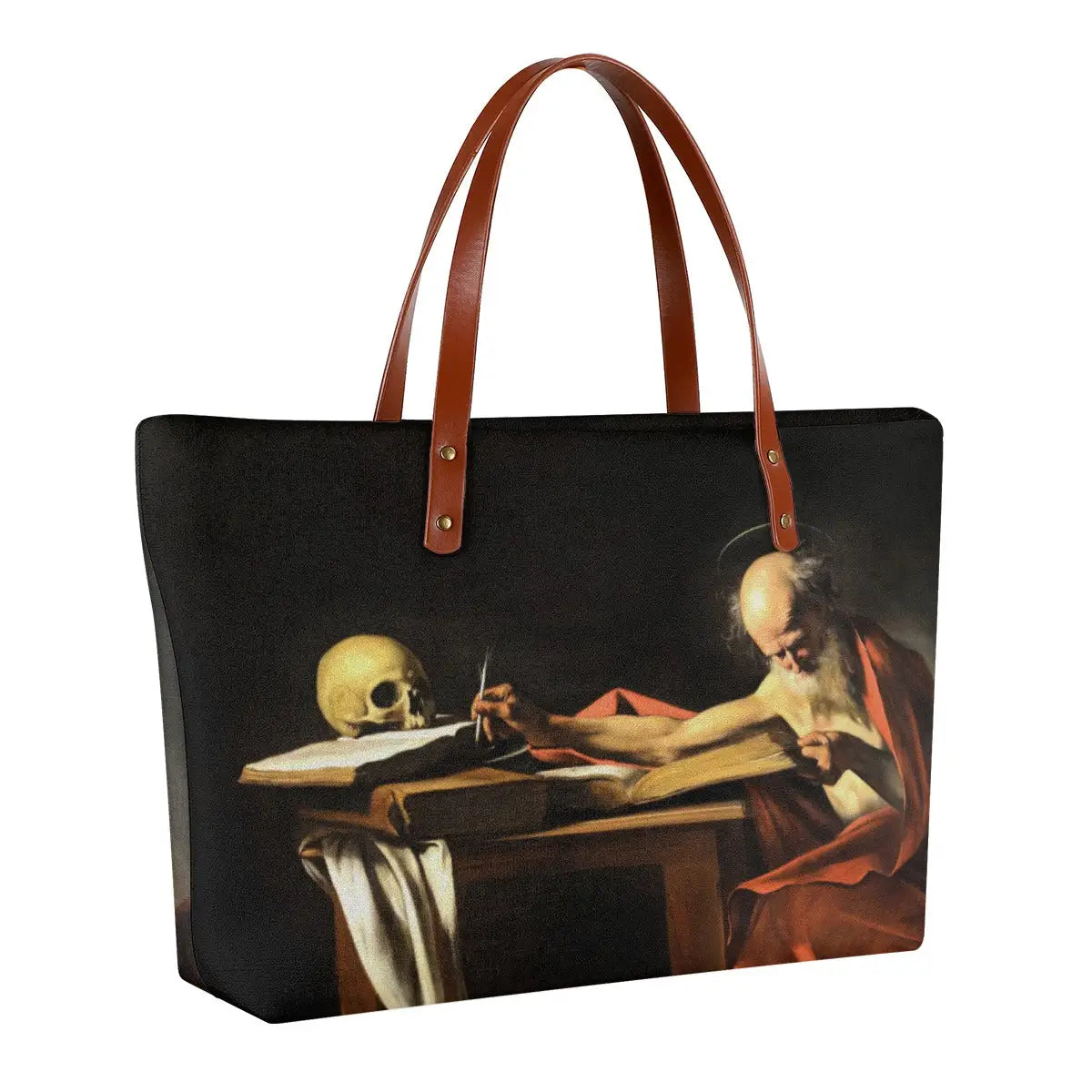 Side profile of Saint Jerome Writing Art Tote showing black zipper and brown strap details