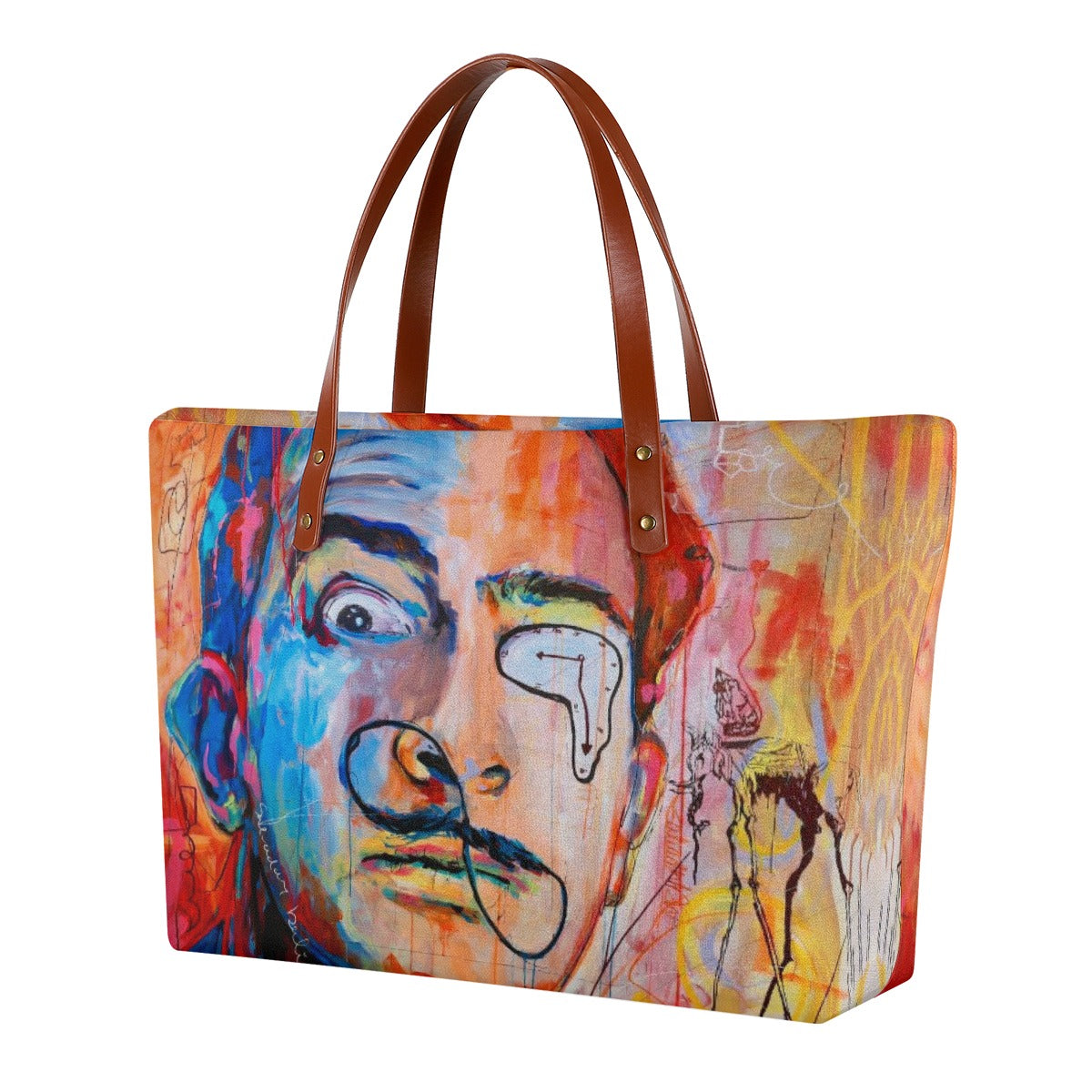 Salvador Dali Portrait Tote Bag with waterproof diving cloth material and brown strap