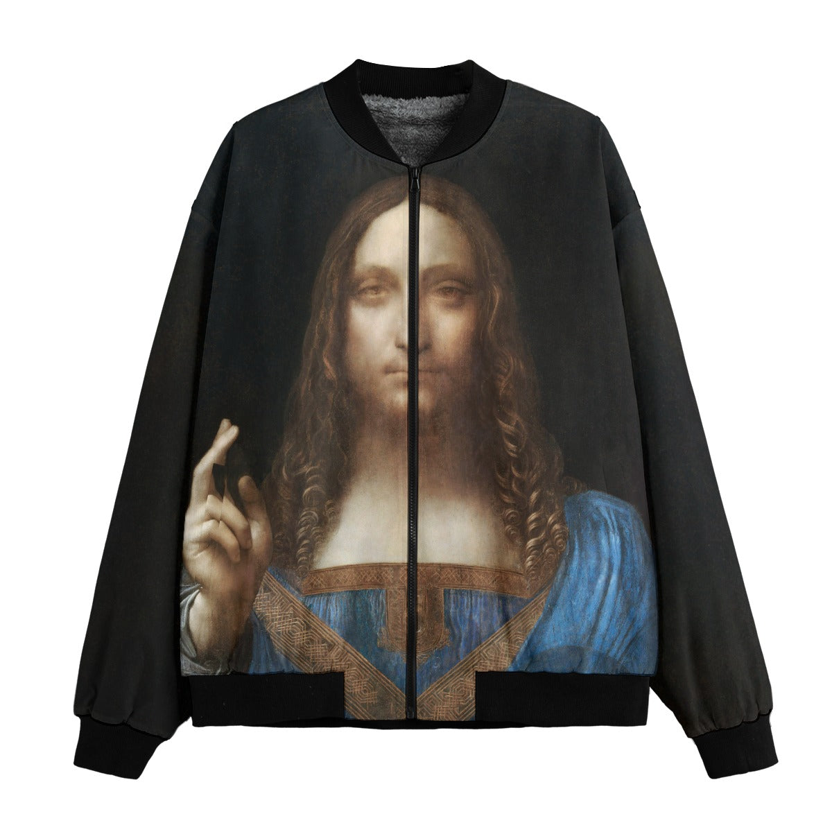 Salvator Mundi by Leonardo da Vinci Bomber Jacket featuring the $450.3 million masterpiece on premium recycled polyester