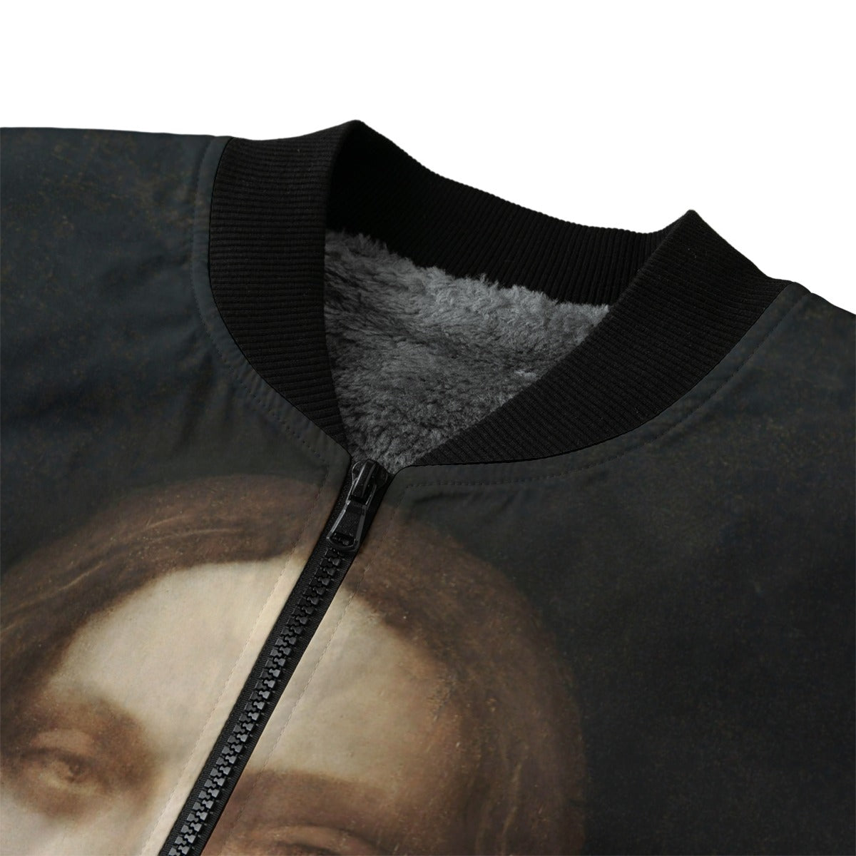 Premium zip closure of Salvator Mundi Art Jacket with fleece lining detail