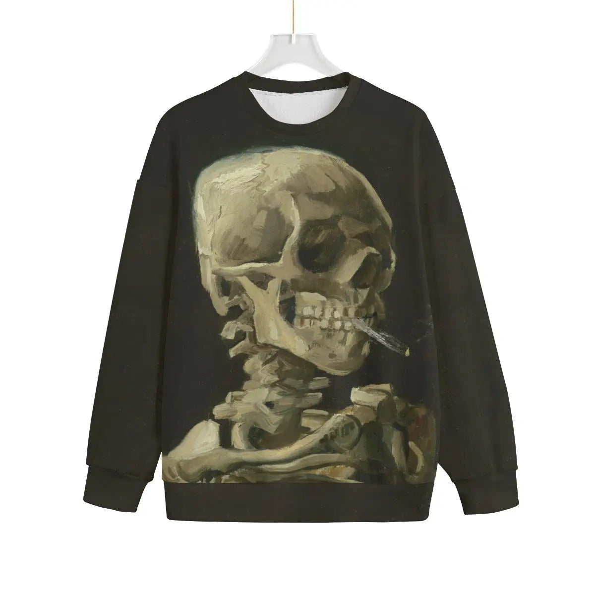 Skull of a Skeleton by Vincent Van Gogh Sweater showing full front print on black Hacci Fleece