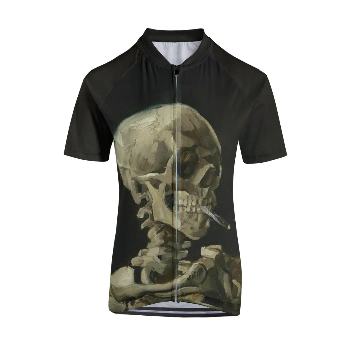 Woman cyclist with rebellious spirit wearing the Skull of a Skeleton jersey against dramatic landscape