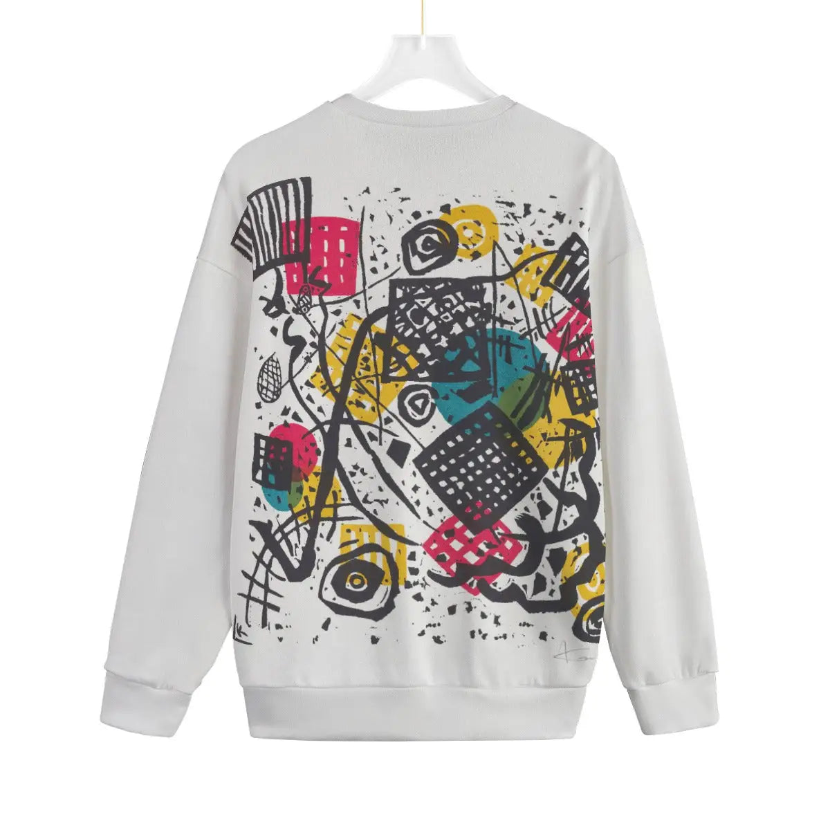 Back view of artistic sweater featuring Kandinsky's Small Worlds V geometric design