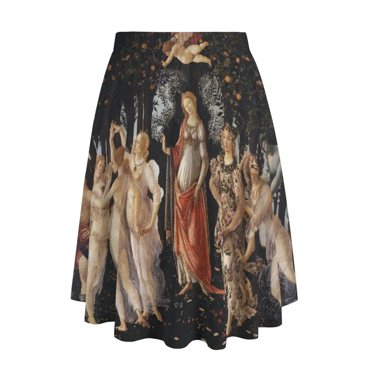 Back view of Italian Renaissance-inspired maxi skirt showing how the allegorical garden wraps elegantly around the garment