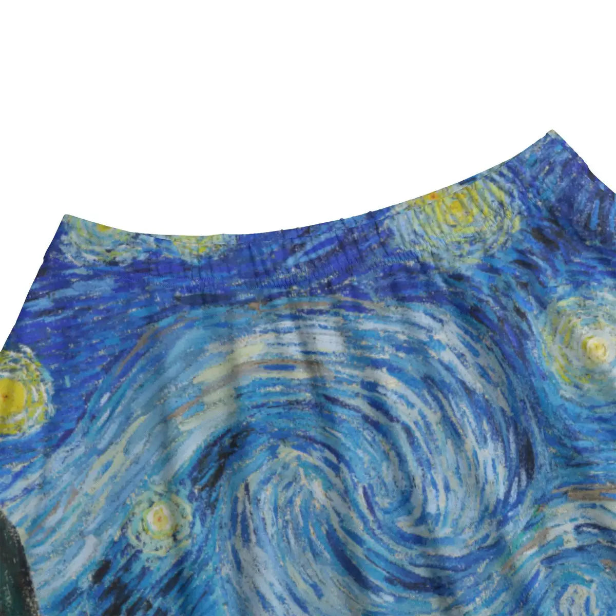 Side view of A-line night sky skirt showing dynamic flow and movement of fabric with cosmic spirals visible