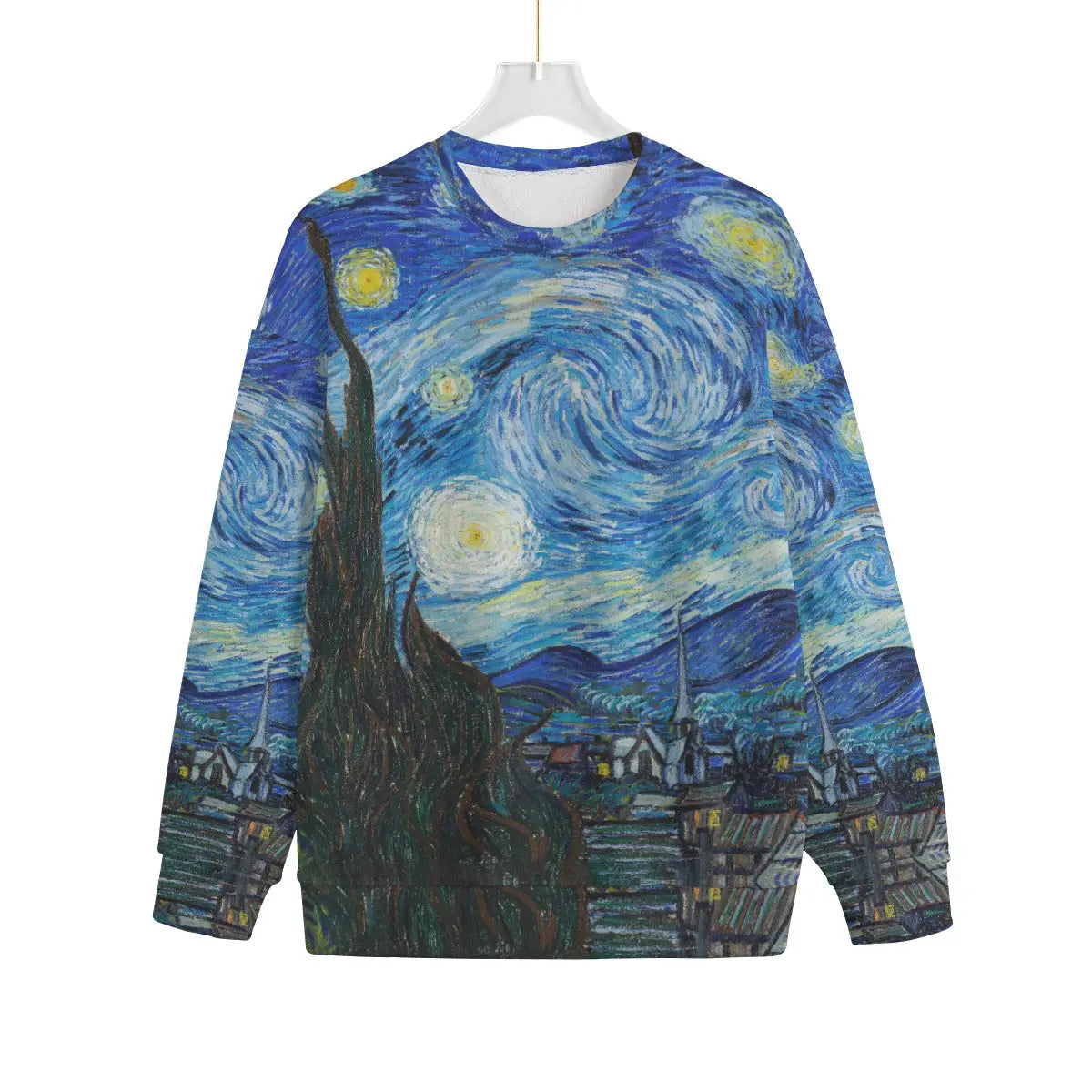 Vincent Van Gogh Starry Night artistic sweater front view showing swirling night sky