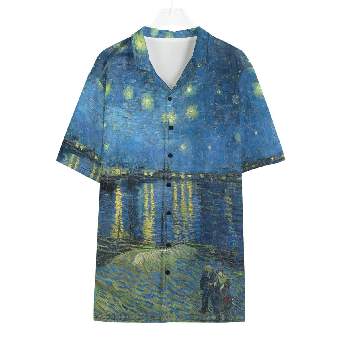 Van Gogh's Starry Night Over the Rhône on vibrant Hawaiian shirt