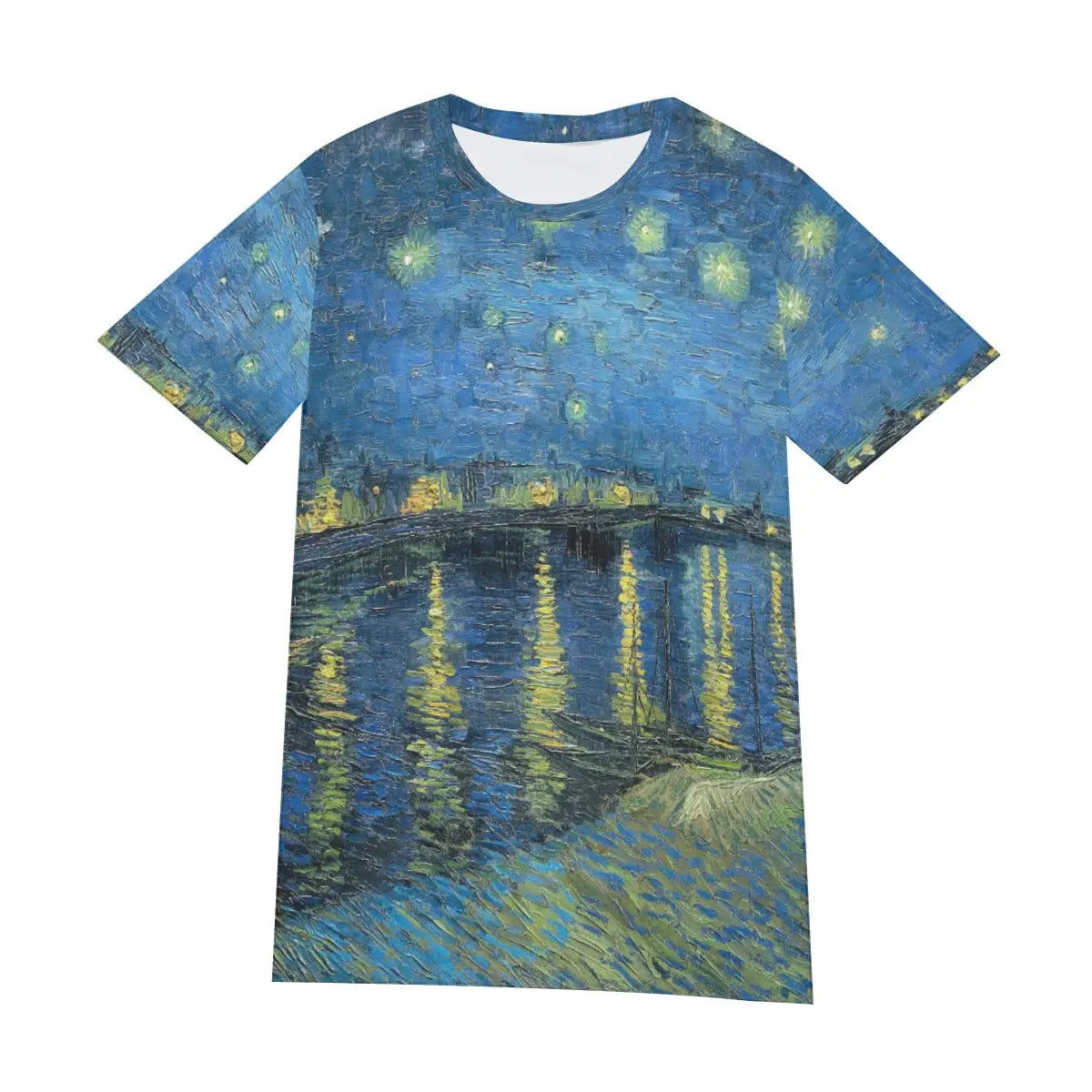 Front view of unisex Post-Impressionist art T-shirt displaying the complete composition of Starry Night Over the Rhone, with its perfect balance of cosmic wonder and human presence creating a captivating visual statement