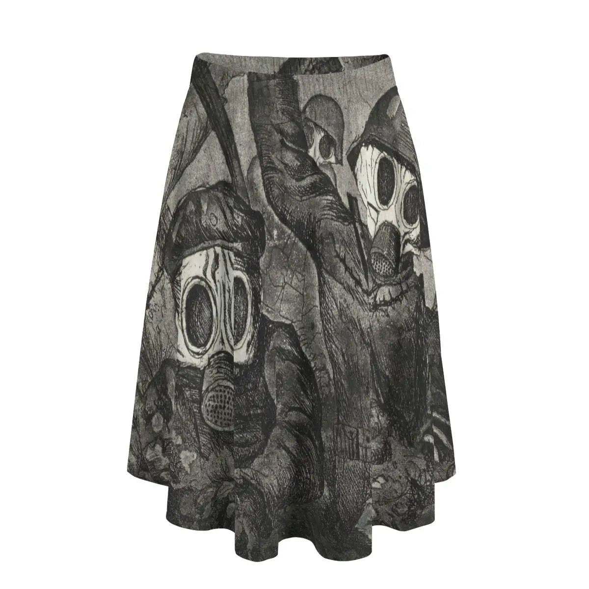 Woman wearing Otto Dix's Stormtroopers Advance Under Gas Attack long maxi skirt showing the stark wartime scene against simple black top