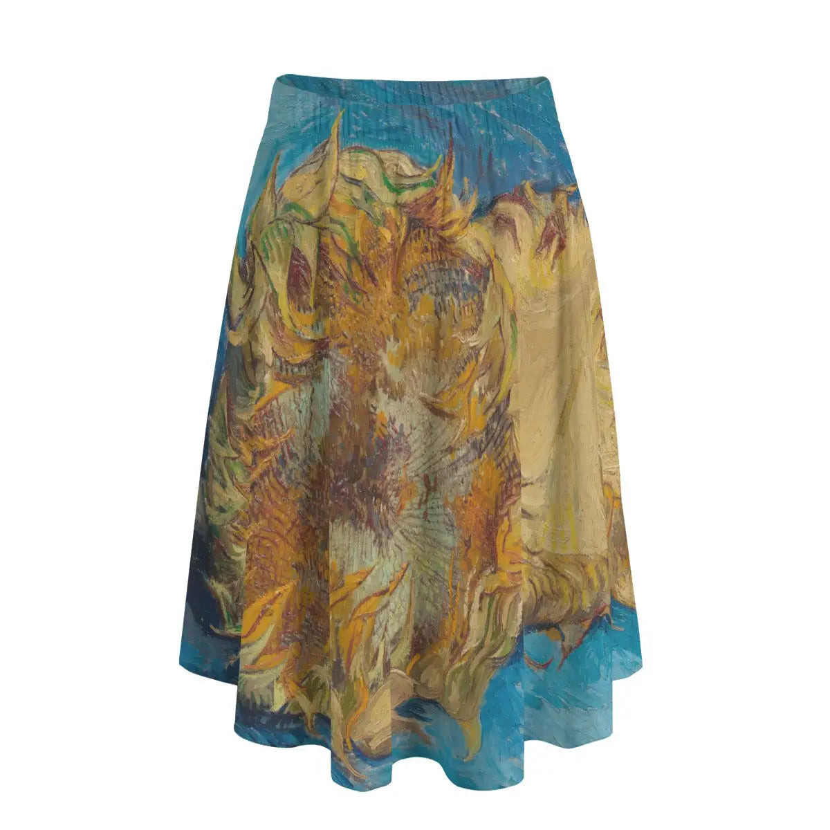 Woman wearing Vincent van Gogh Sunflowers long maxi skirt showing vibrant yellow print against black top