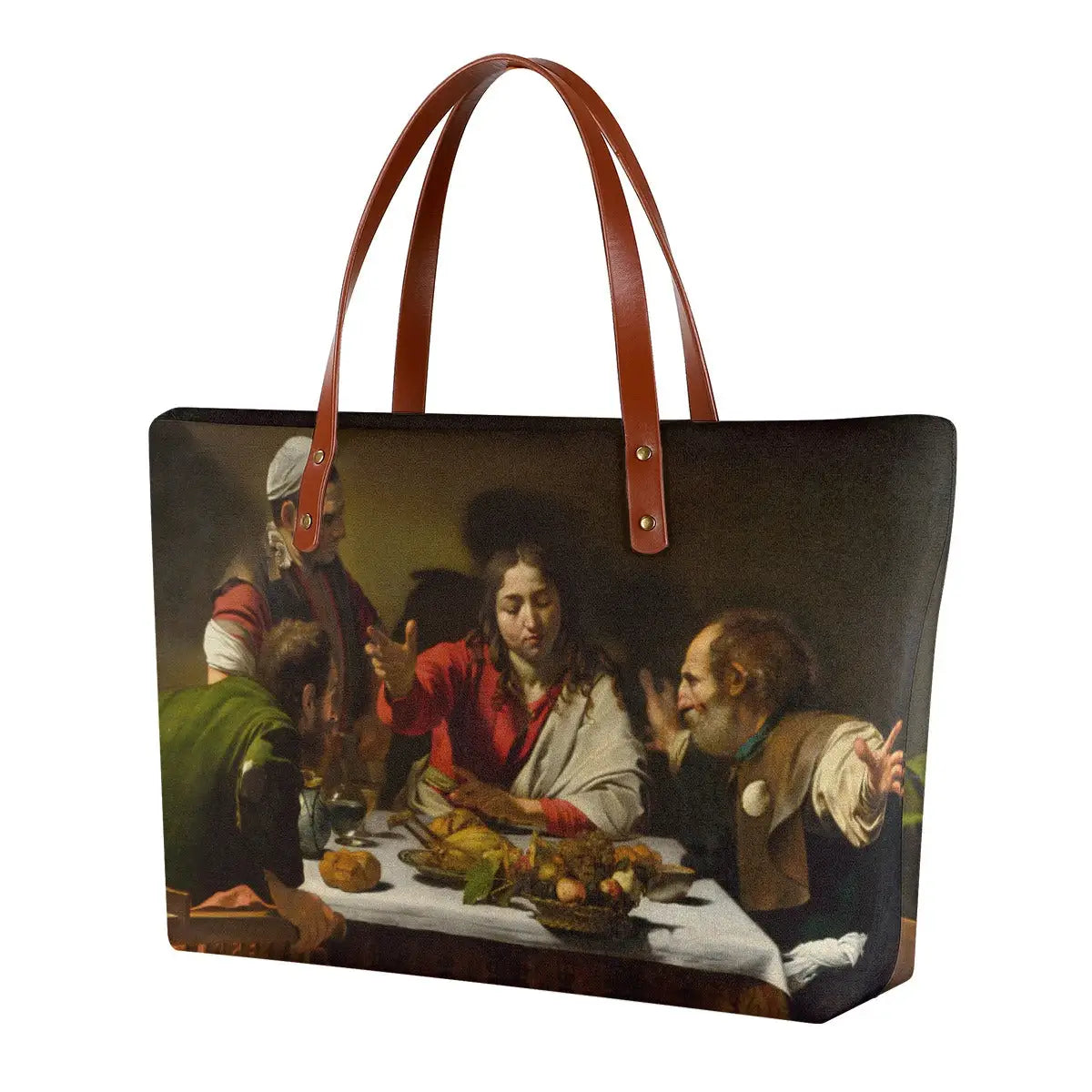 Supper at Emmaus by Caravaggio Tote Bag with waterproof diving cloth material and brown strap