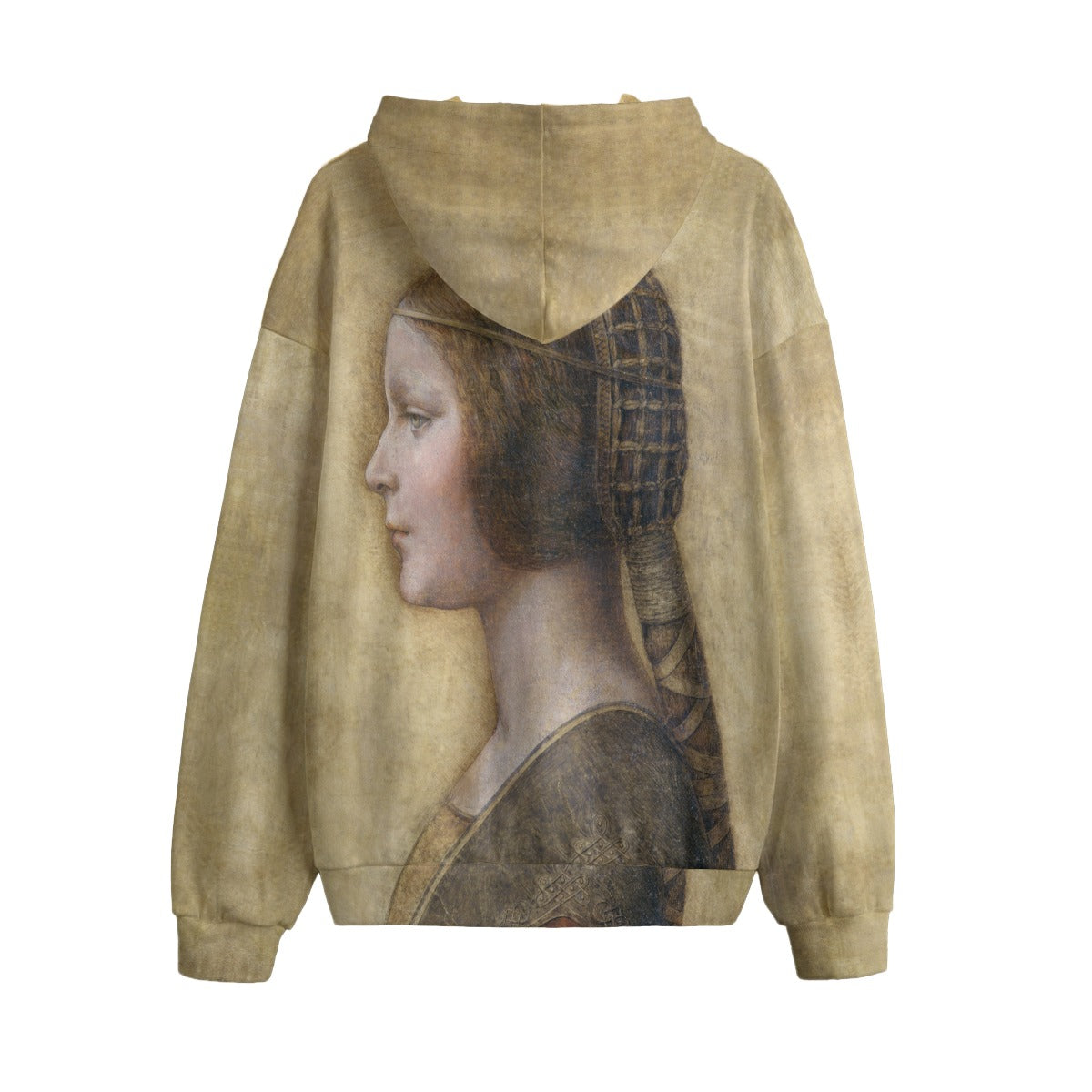 Detail of Leonardo da Vinci's portrait on wearable art garment