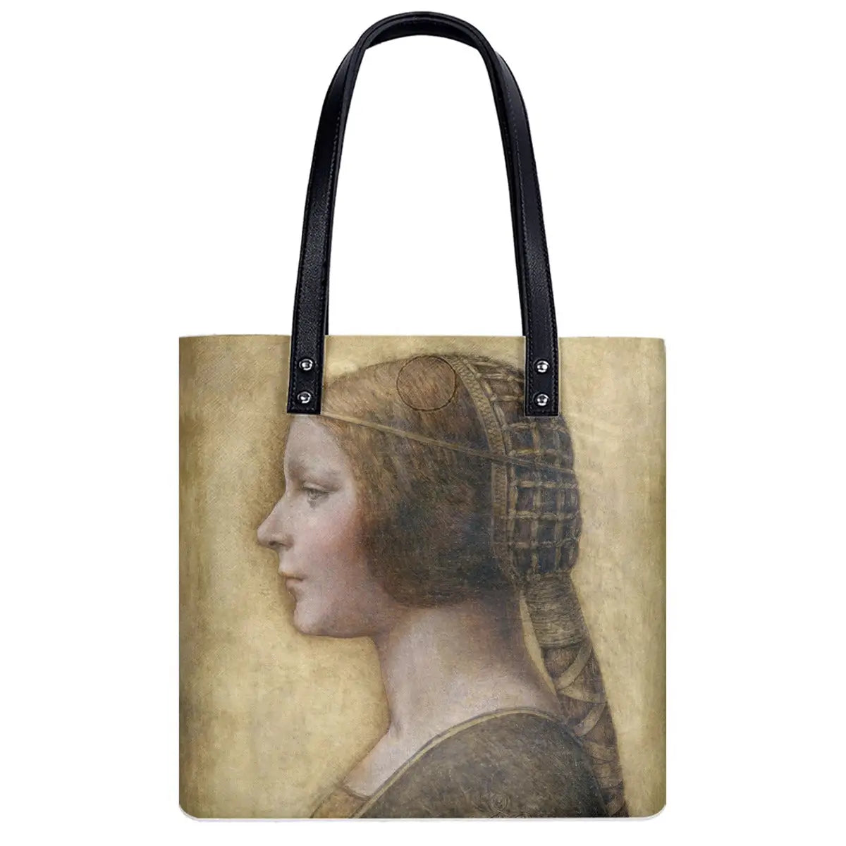 Double-sided art print shoulder bag showing Da Vinci's La Bella Principessa on premium PU fabric