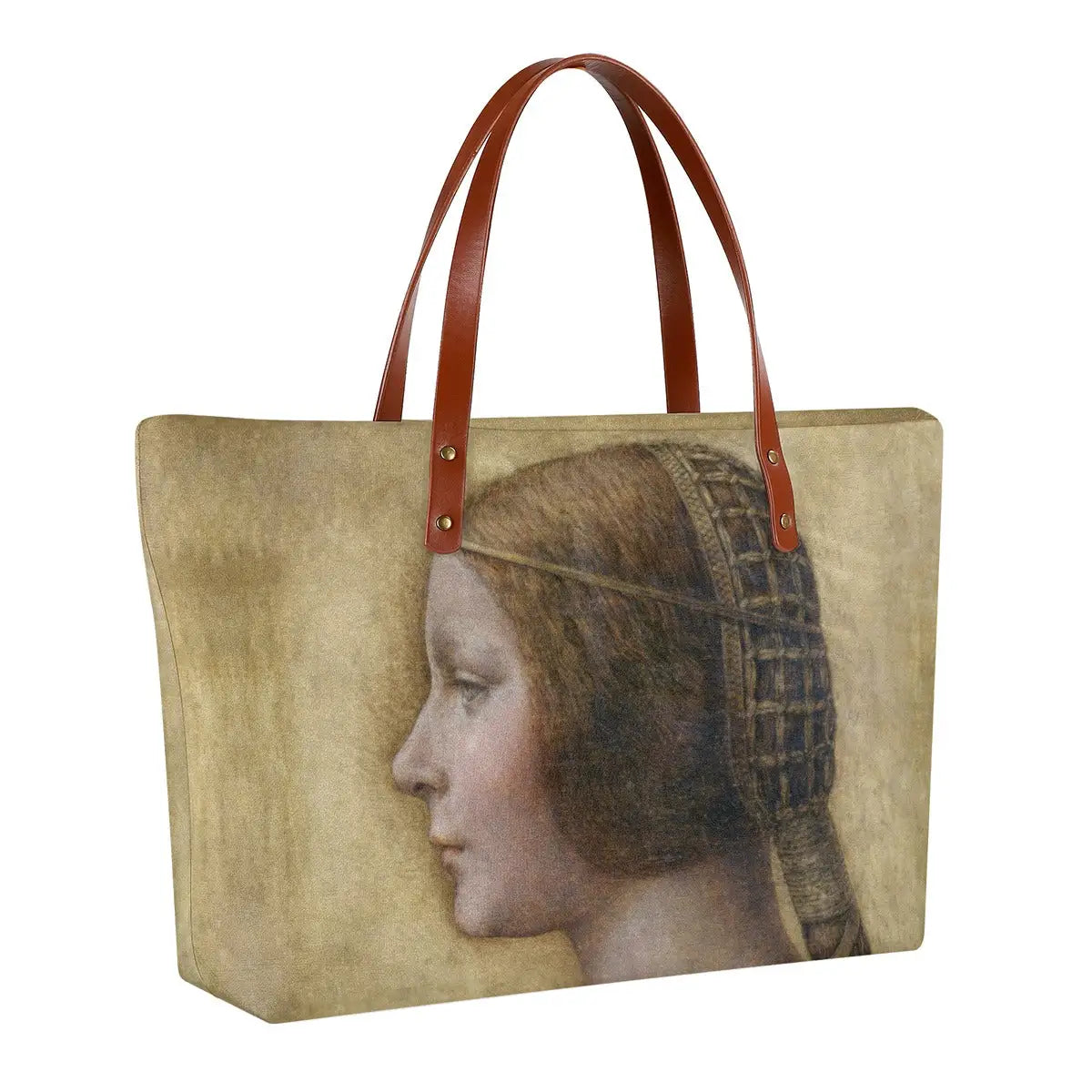 La Bella Principessa portrait tote bag with black zipper and brown strap, displaying Da Vinci's artwork