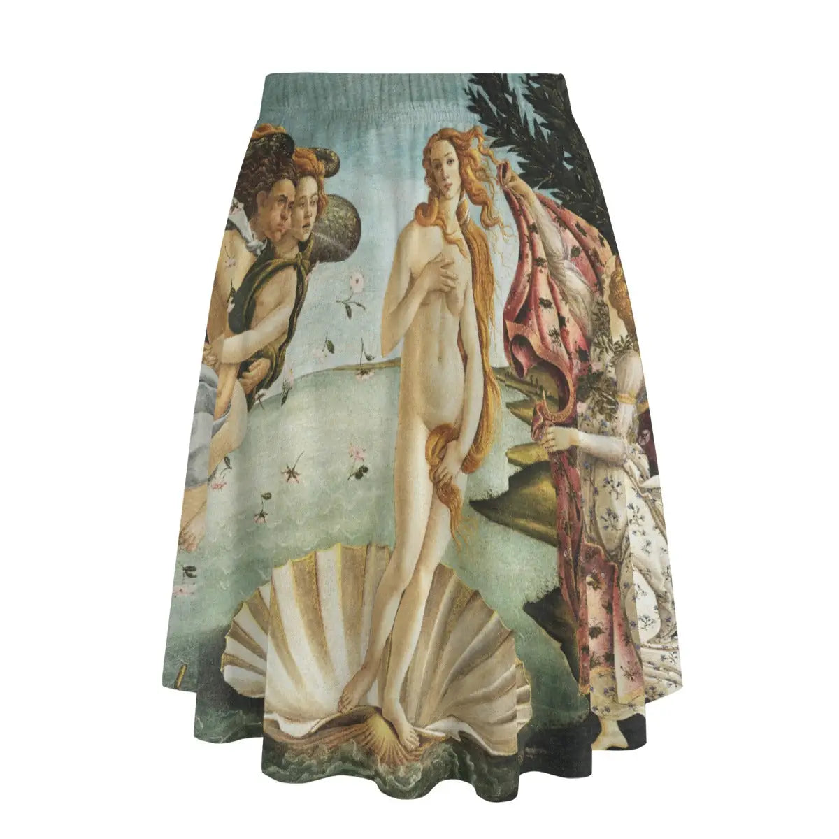 Back view of Italian Renaissance-inspired maxi skirt showing how the divine scene wraps elegantly around the garment