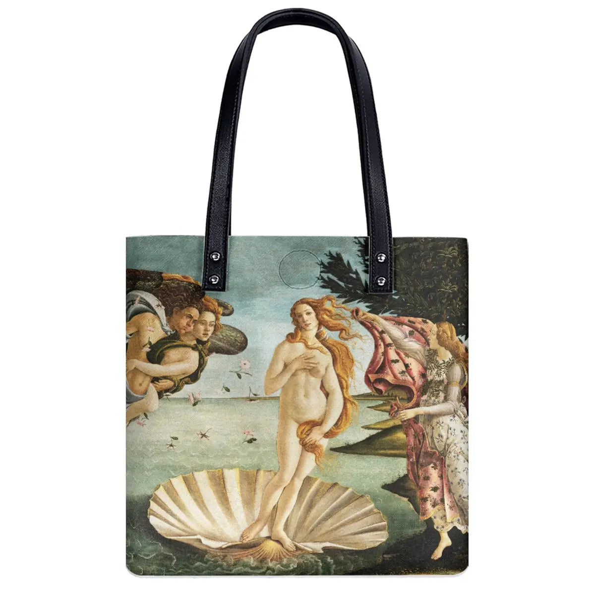 Close-up of Botticelli's Venus print quality on waterproof shoulder bag material