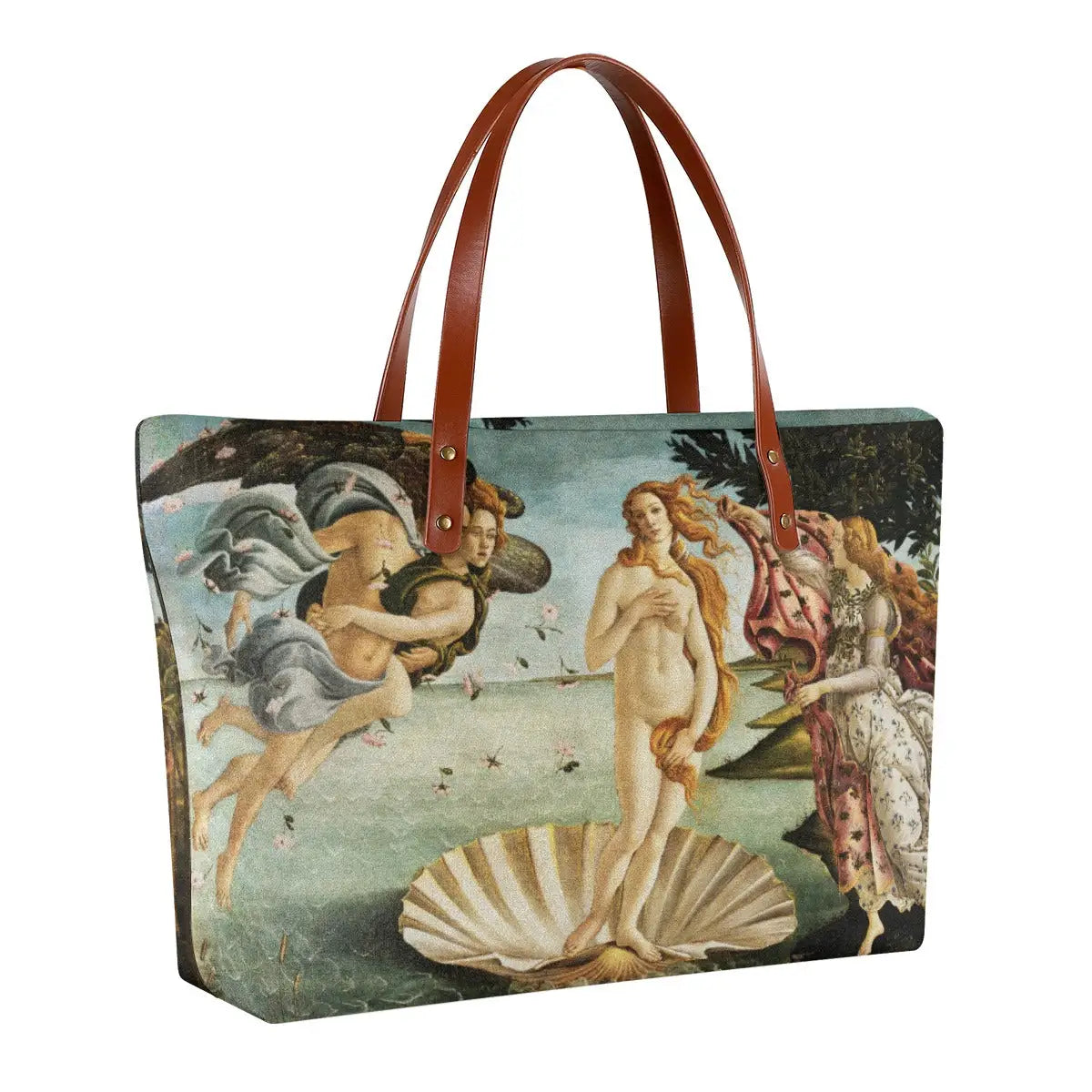 Back view of Botticelli's Birth of Venus artistic tote bag with double-sided printing