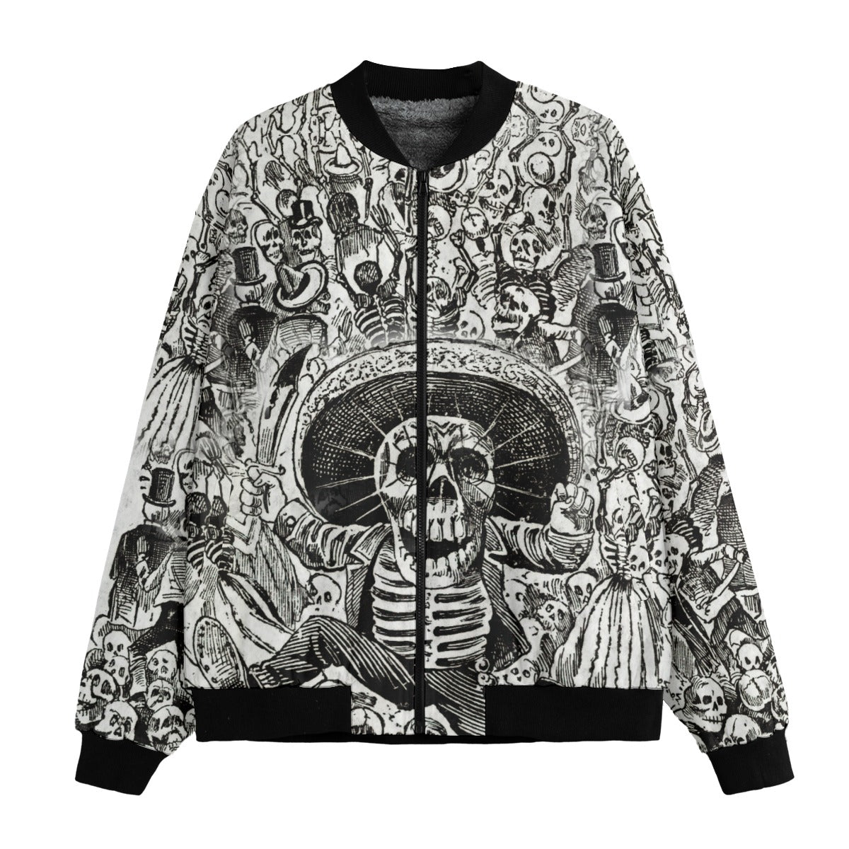 The Calaveras of José Guadalupe Posada Jacket featuring iconic Mexican skeleton art on black bomber jacket