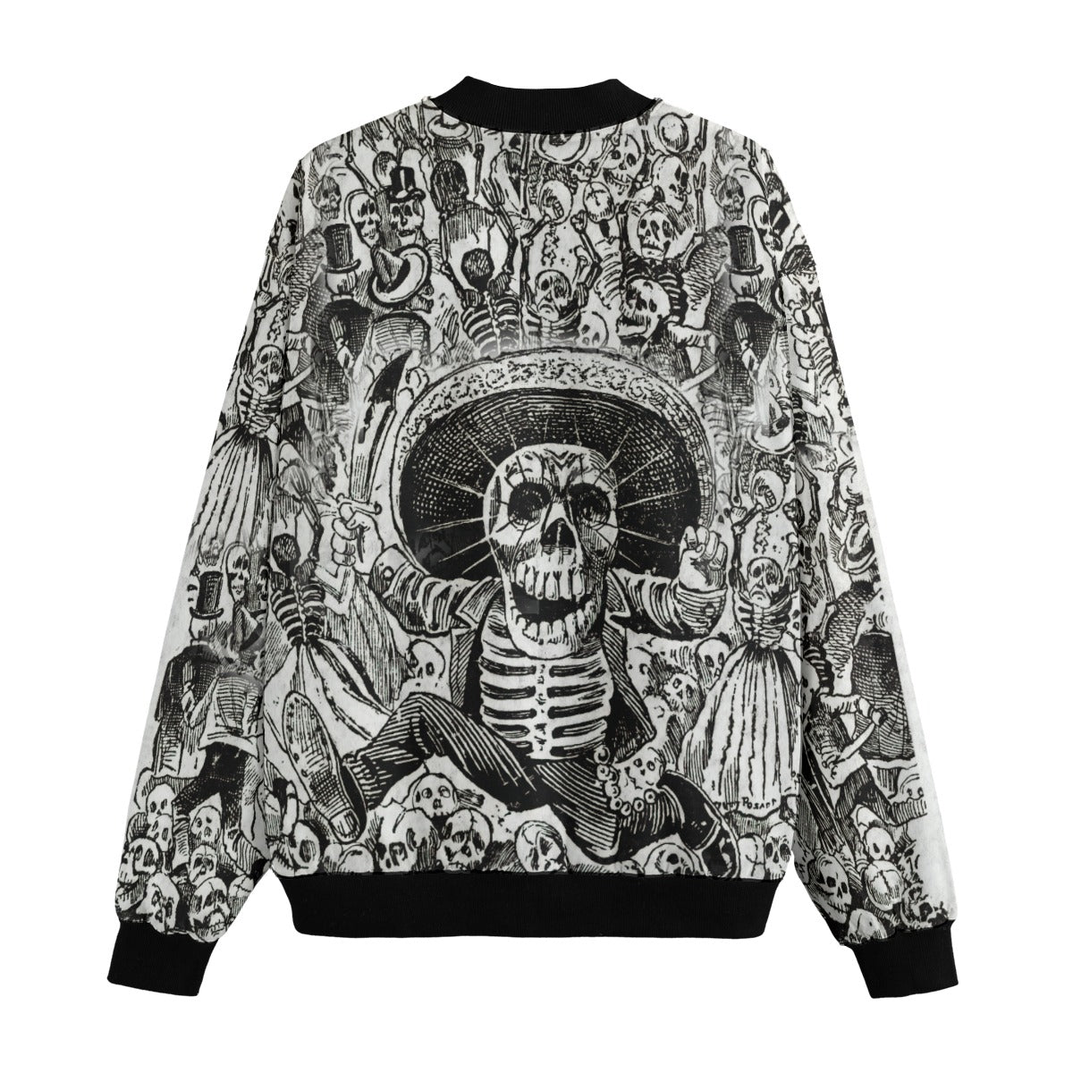 Back detail of limited edition Calaveras art jacket showcasing José Guadalupe Posada's famous skeleton illustrations