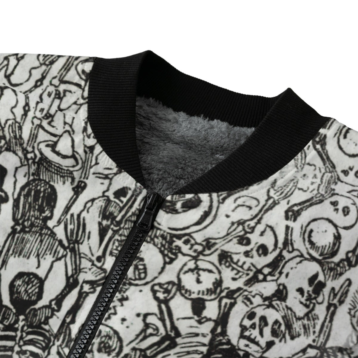 Premium zipper detail of The Calaveras art jacket with Mexican Day of the Dead design