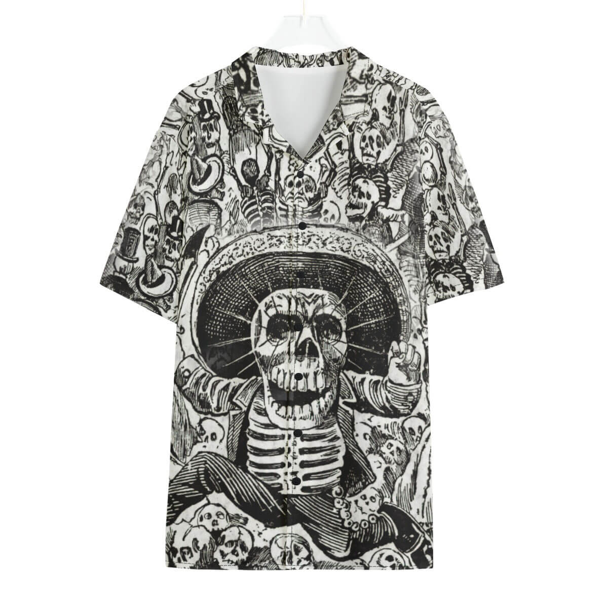 José Guadalupe Posada's Calaveras on vibrant Hawaiian shirt