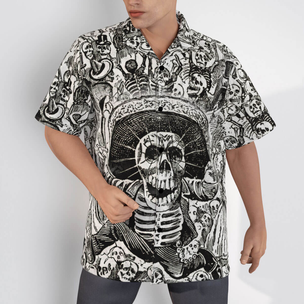 Satirical skeletons meet aloha fashion: Calaveras Hawaiian shirt