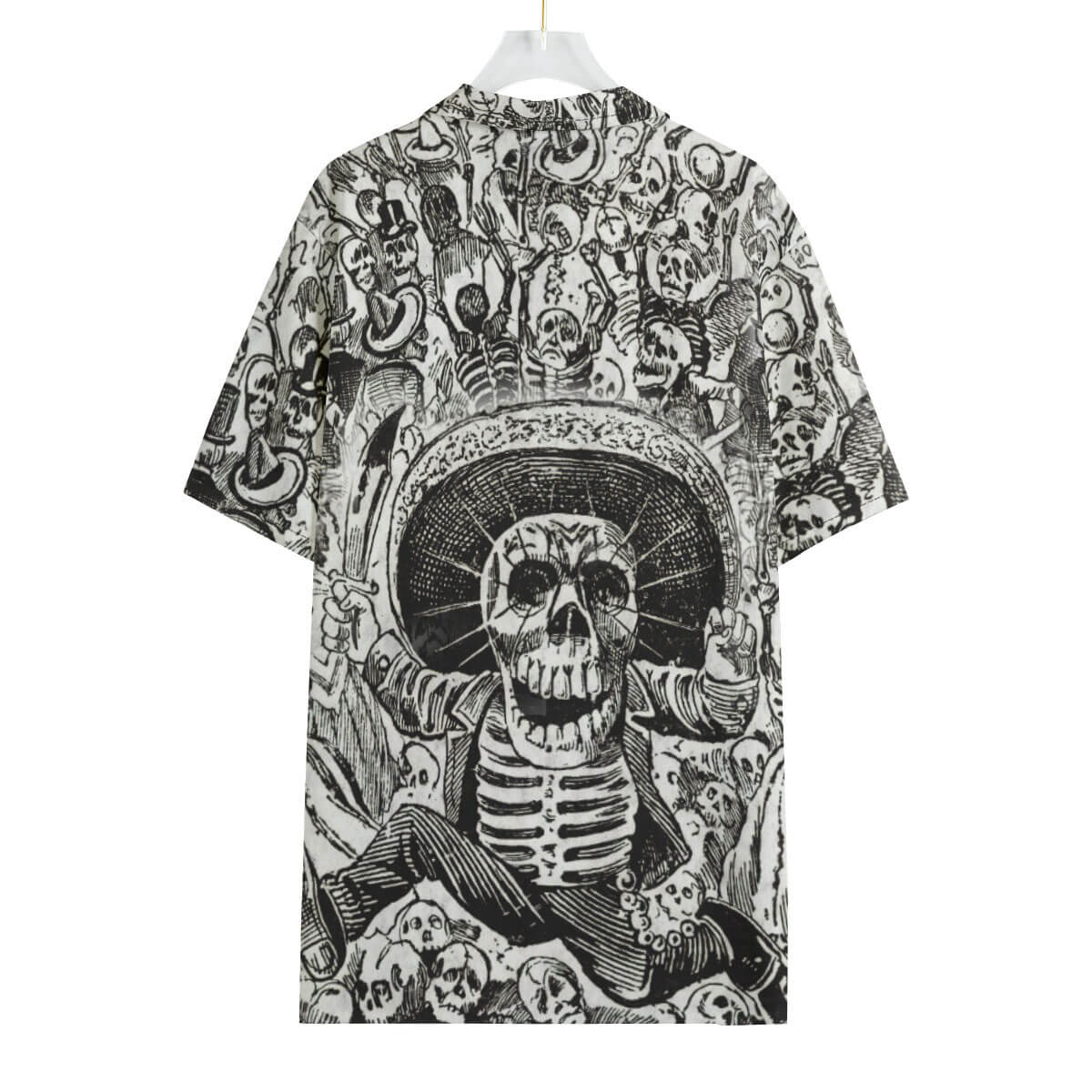 Mexican folk art Hawaiian shirt featuring Posada's iconic skulls