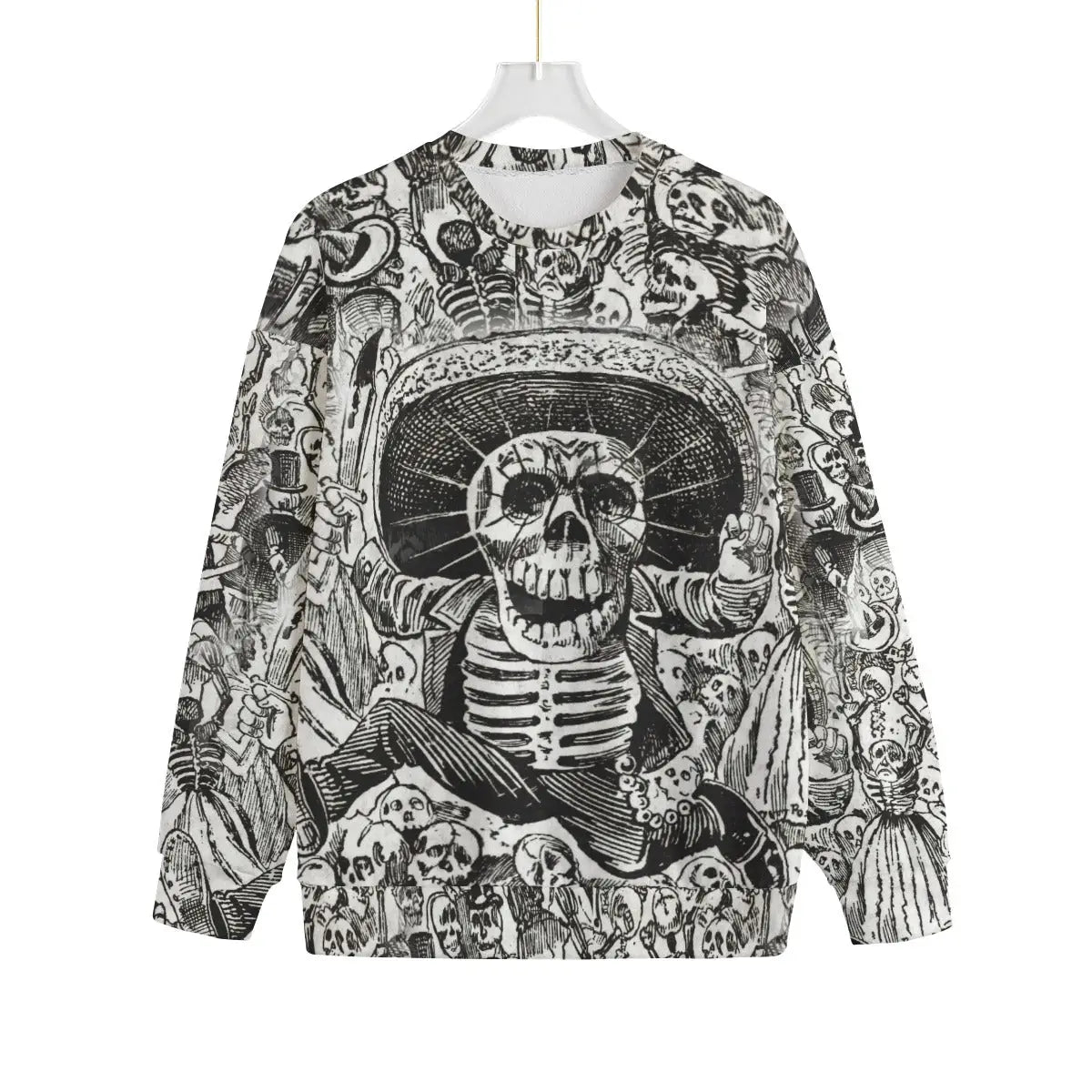 The Calaveras of José Guadalupe Posada Sweater featuring iconic Mexican skeleton art on black Hacci Fleece