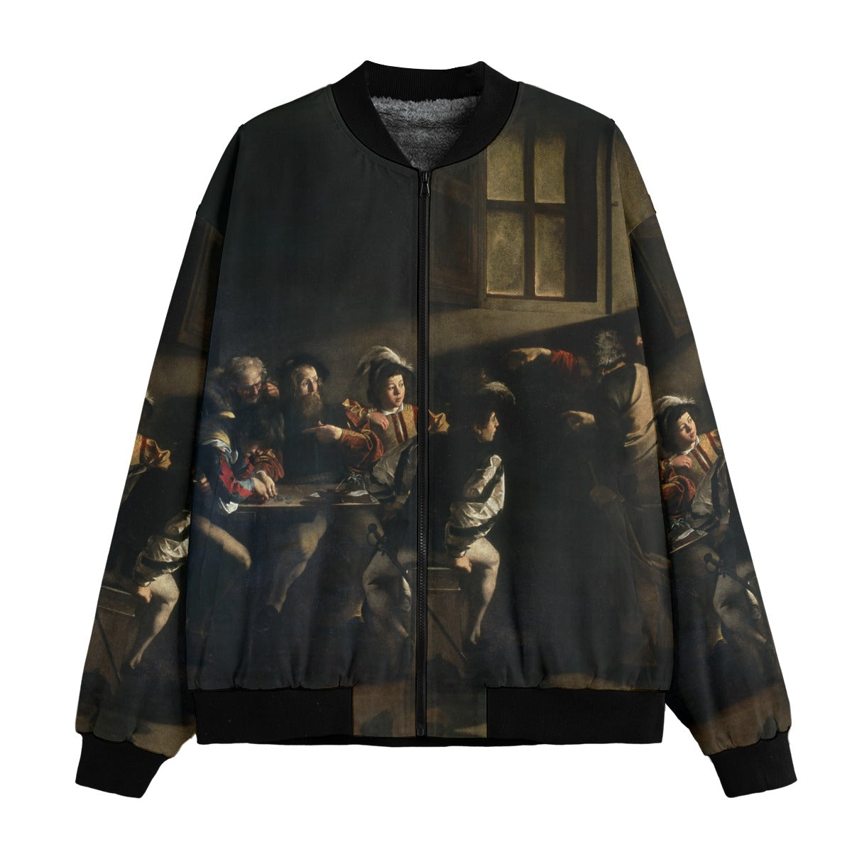 The Calling of Saint Matthew by Caravaggio Artistic Bomber Jacket front view showing full painting detail