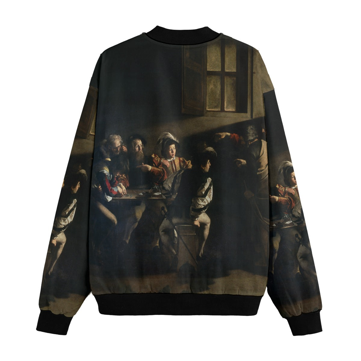 Caravaggio Art Bomber Jacket reverse side featuring The Calling of Saint Matthew masterpiece continuation