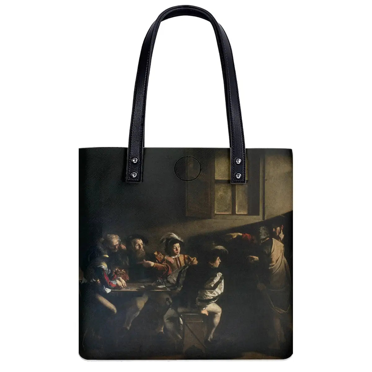 Close-up of waterproof PU fabric and black zipper detail on Caravaggio art shoulder bag