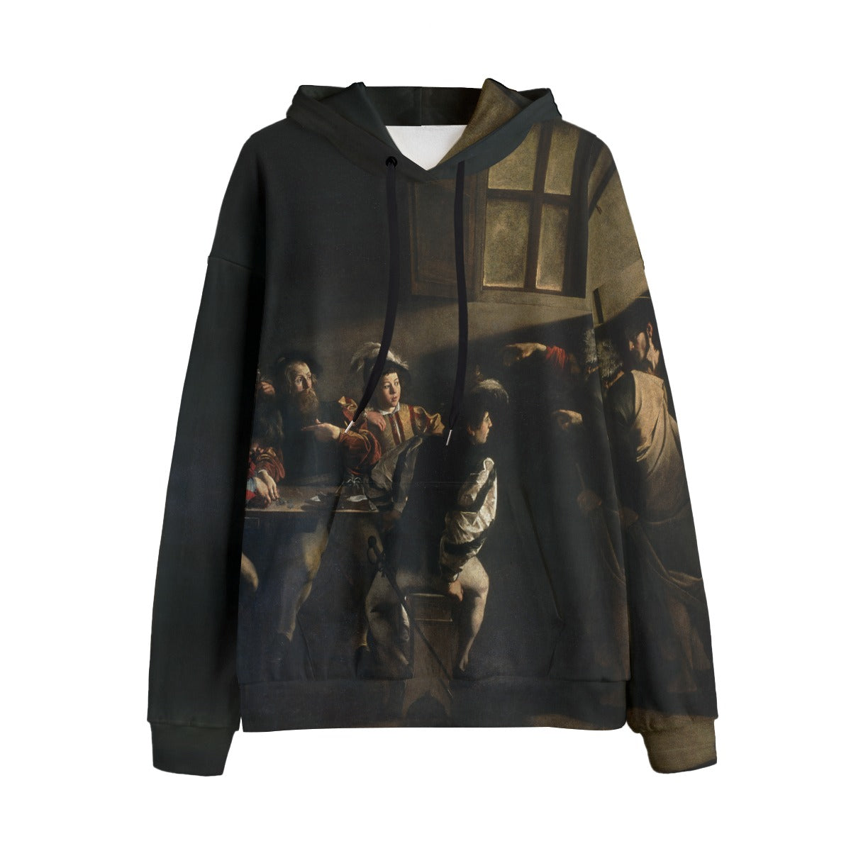 The Calling of Saint Matthew by Caravaggio Hoodie front view on model